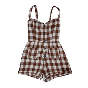 Reformation linen brown and cream checkered gingham romper size 2